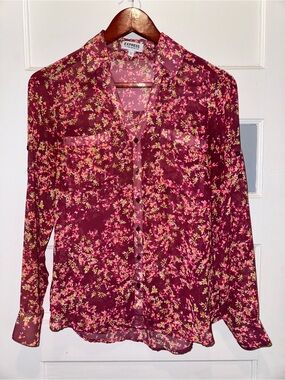 Express Burgundy Floral Button-Front Blouse